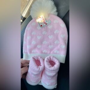 Pink Heart Beanie and Booties Set